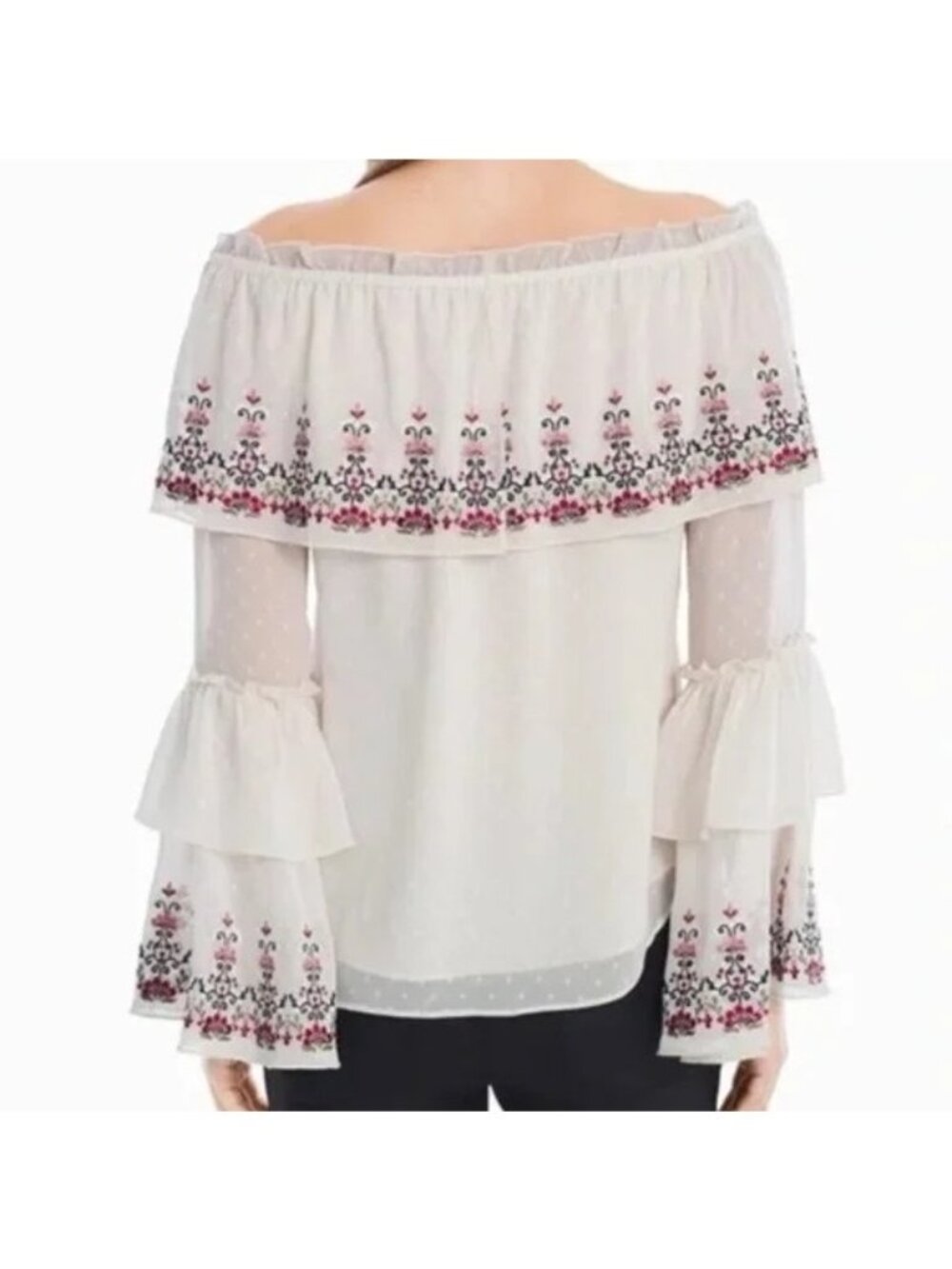 White House Black Market Off the Shoulder Embroidered Swiss Dot Blouse Medium